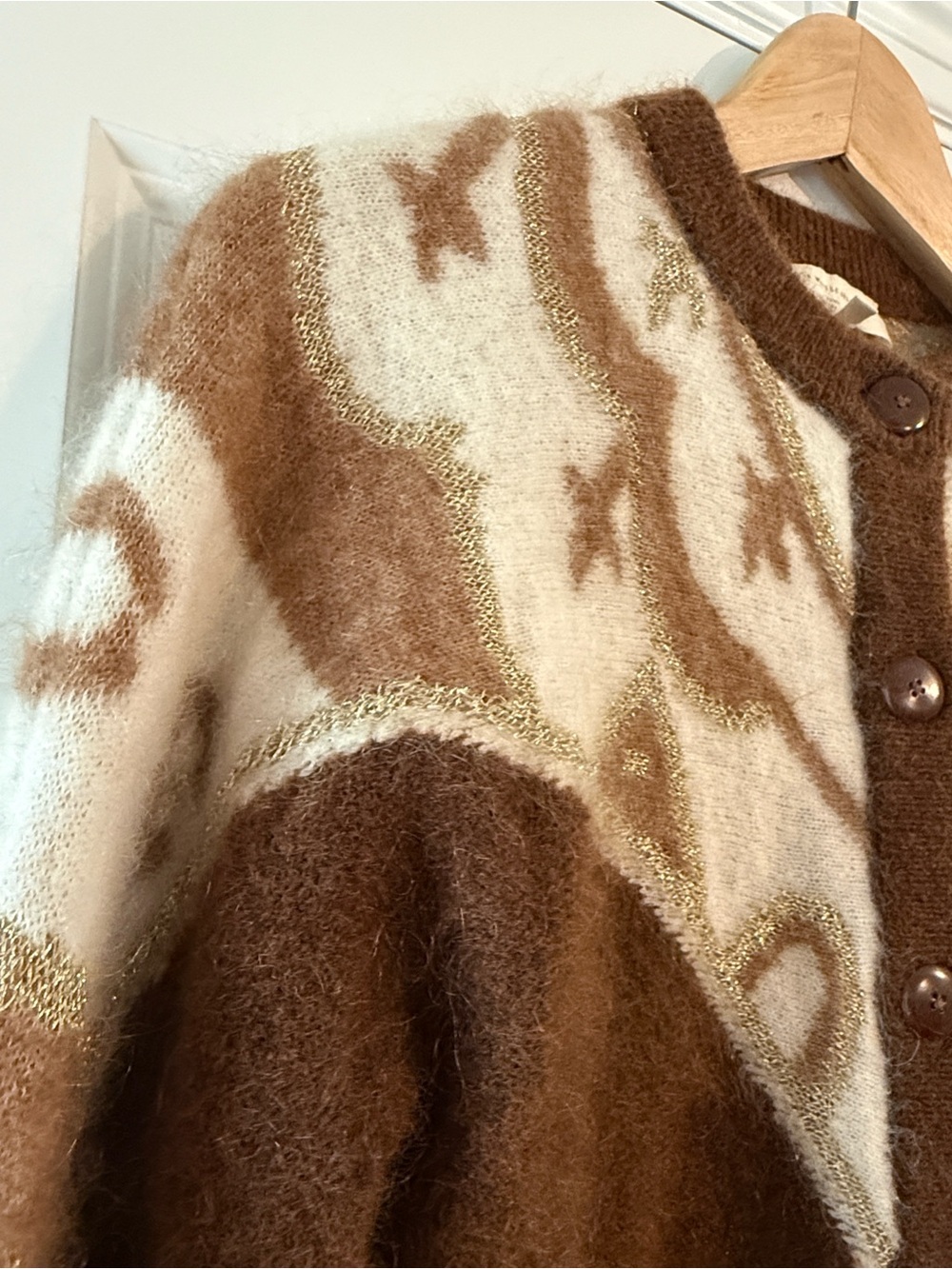 Sezane Brown and Cream Patterned Mohair Wool Blend Cardigan with Gold Metallic S - Picture 5 of 15